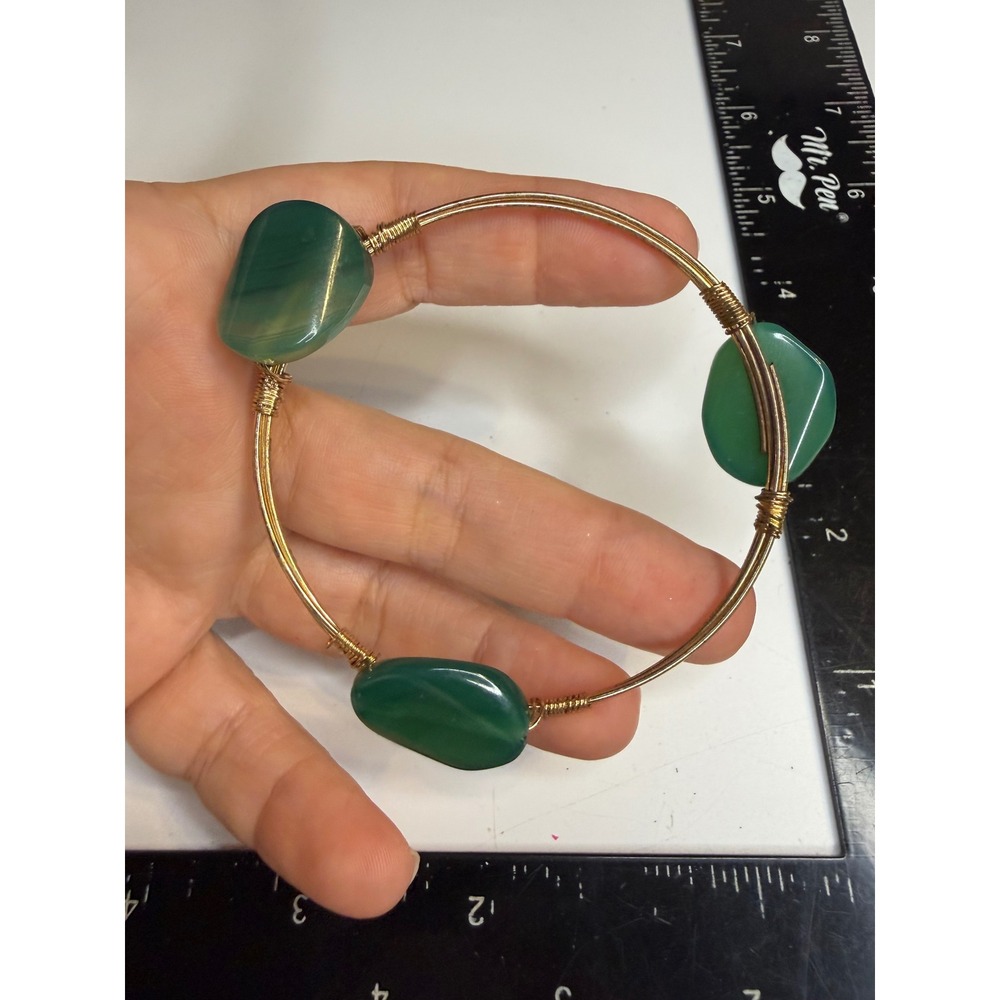 Green Agate Wire Wrapped Bangle Bracelet Gold Tone Polished Stone Bohemian